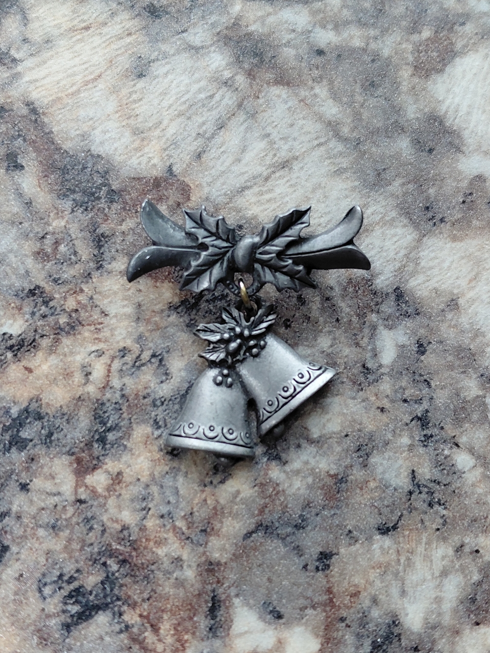 Vintage Silver Tone Bell and Holly Christmas Holiday Brooch Pin